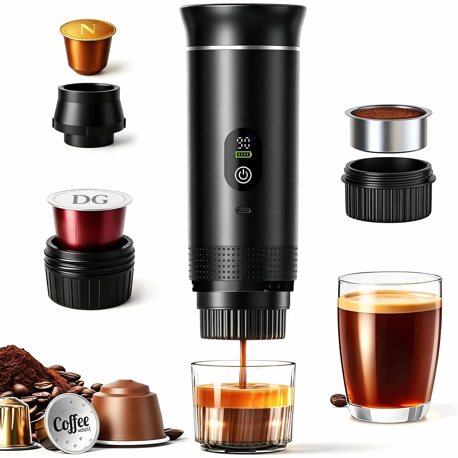 Nueva Cafetera de café espresso 3en1, para coche u oficina,Ideal para viaje | 20 bares, con pantalla LED,Máquina de café 80 ml compatible con cápsulas y café molido,Große Kaffeepulverschale (16 g)