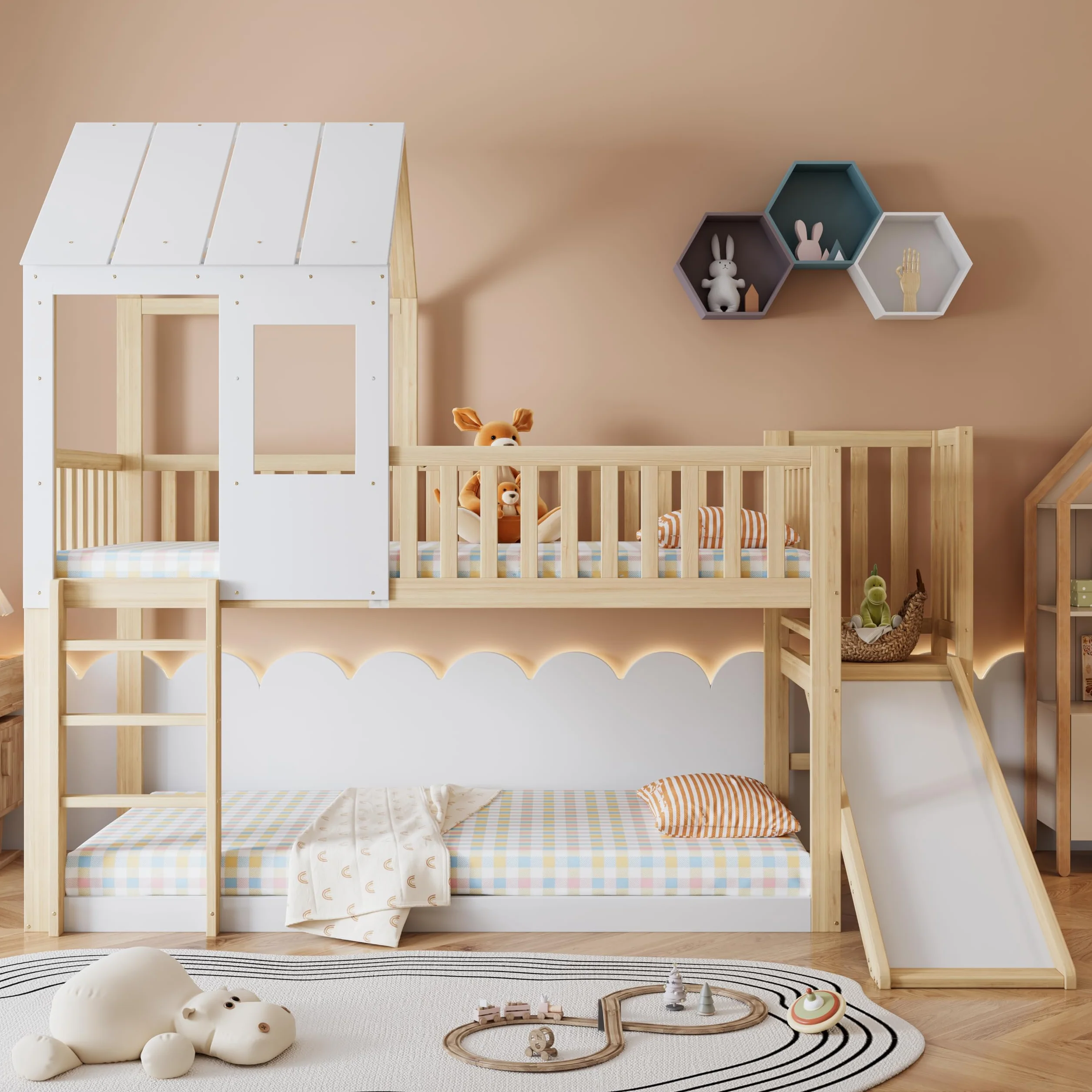 Cama apilable con escalera en ángulo recto y tobogán, cama de casa con techo y ventana, cama infantil con protección contra caídas y rejilla, estructura de pino, Natural+Blanco (90x200cm)