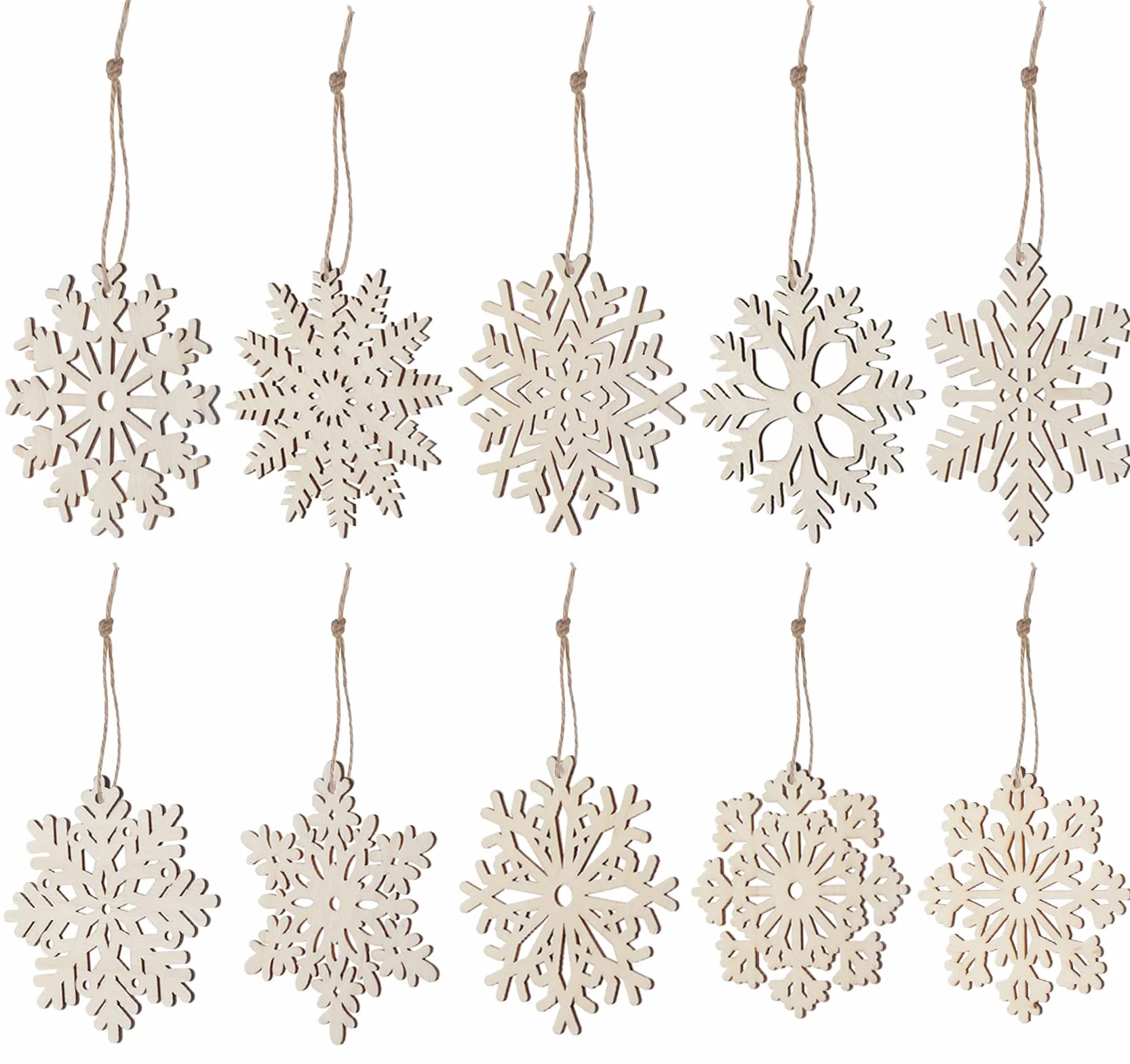 Copos de Nieve de Madera ilauke 30 Piezas, 10 Estilos Ahuecados con Cuerda para Decoración Navideña