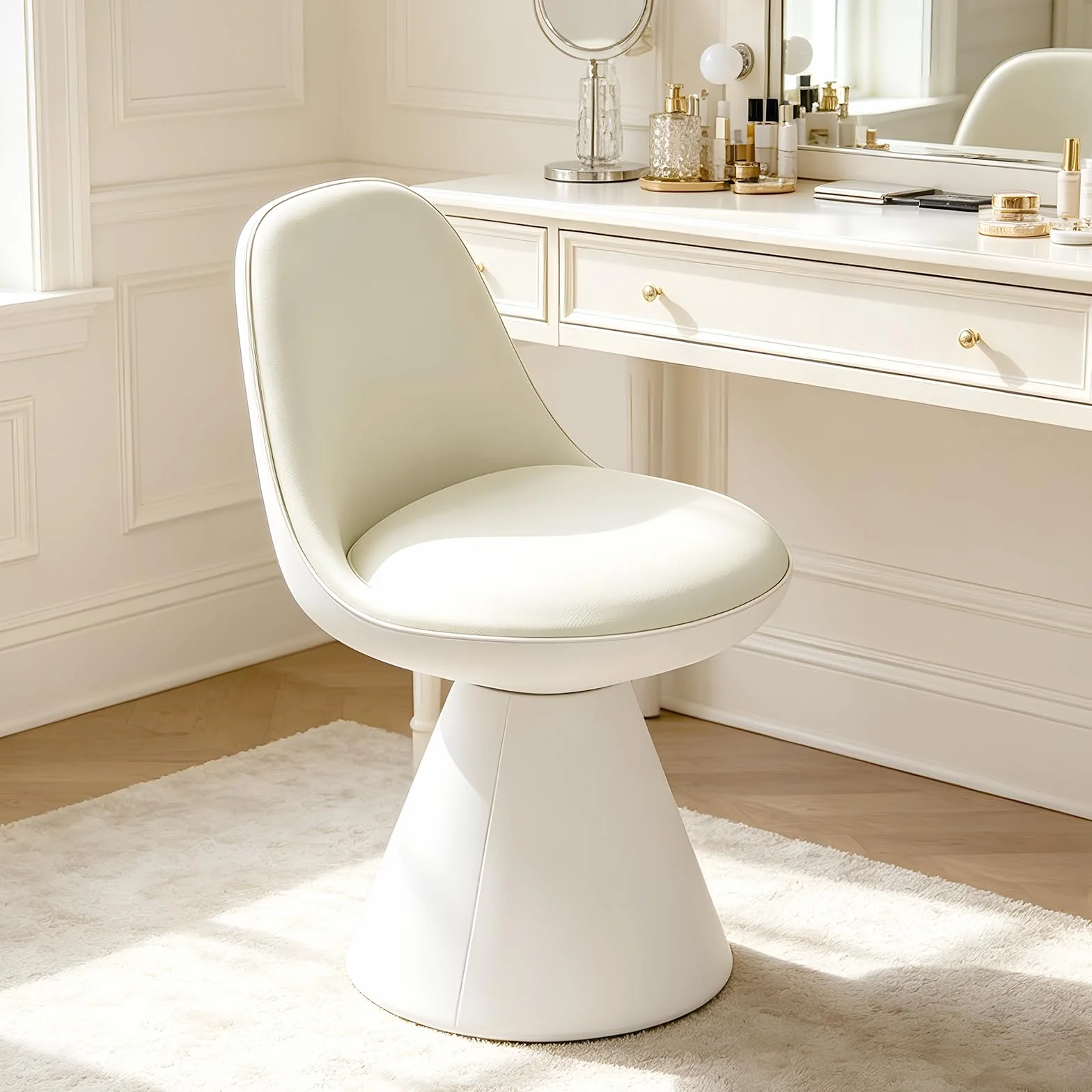 Sillón Giratorio para Tocador, Taburete de Maquillaje con Reposapiés de PU para Tocador, Dormitorio, Salón
