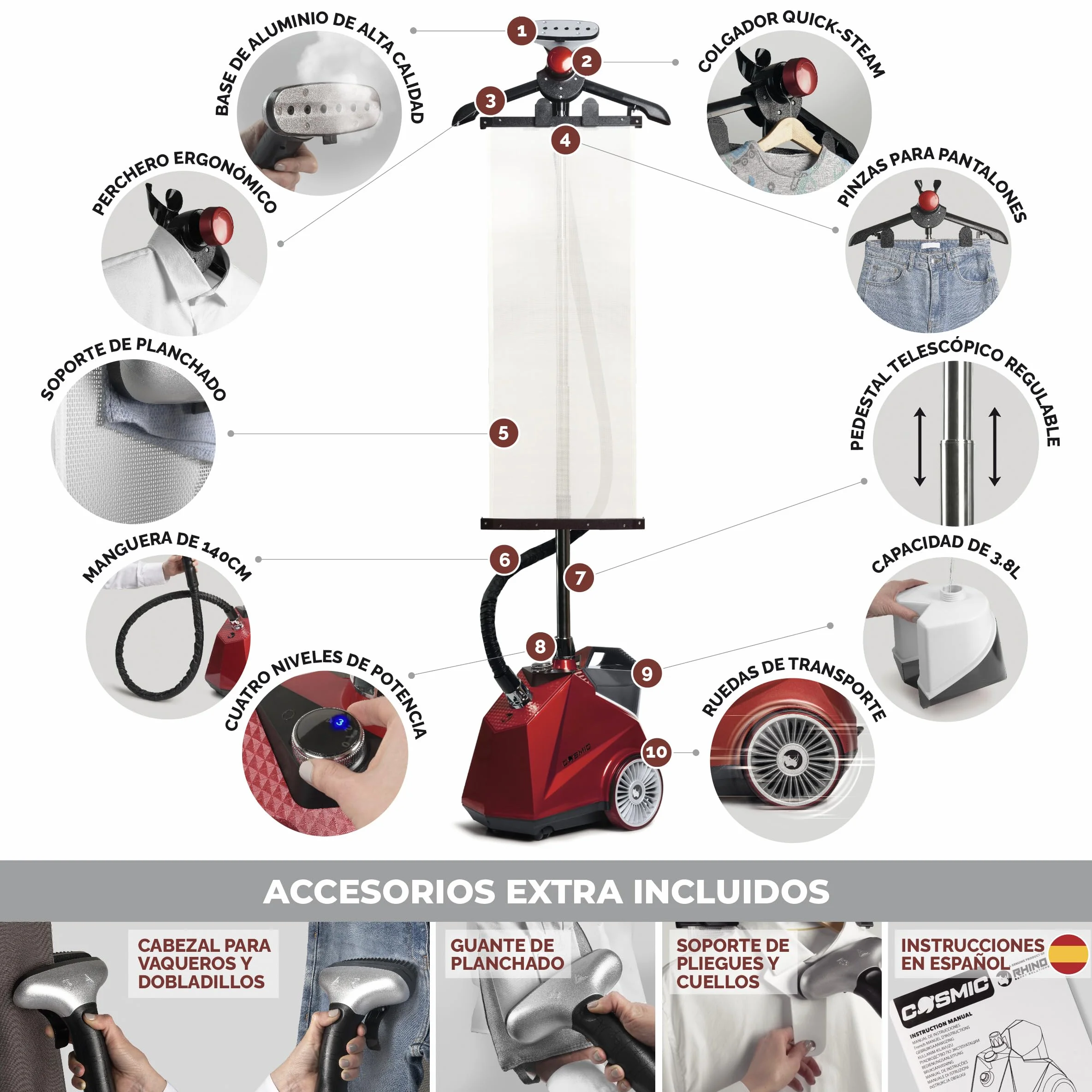 RHINO COSMIC Plancha de Vapor Vertical 2350W (4 Niveles de Potencia) Depósito 3.8L Vapor Continuo 50 g/min | Centro de Planchado de Ropa y Varios Tejidos | Incluye Cepillo Quitapelusas y Accesorios