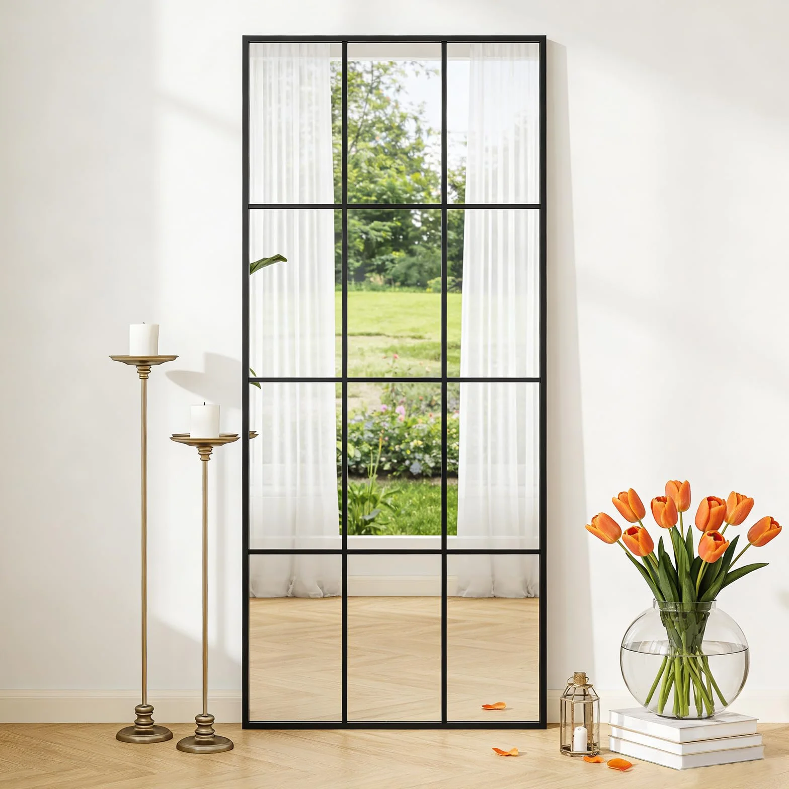 Espejo Ventana de Cuerpo Entero Rectangular, Espejo para Dormitorio y Armario, para Colocar en el Suelo o Fijar en la Pared - Negro, 175x63cm | 69" L x 25" W
