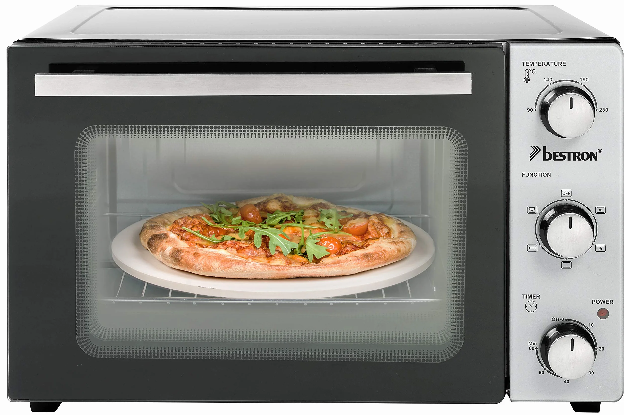 Bestron Mini Horno con Pincho Giratorio y Piedra para Pizza, 31 Litros, 1500 Vatios, Acero Inoxidable
