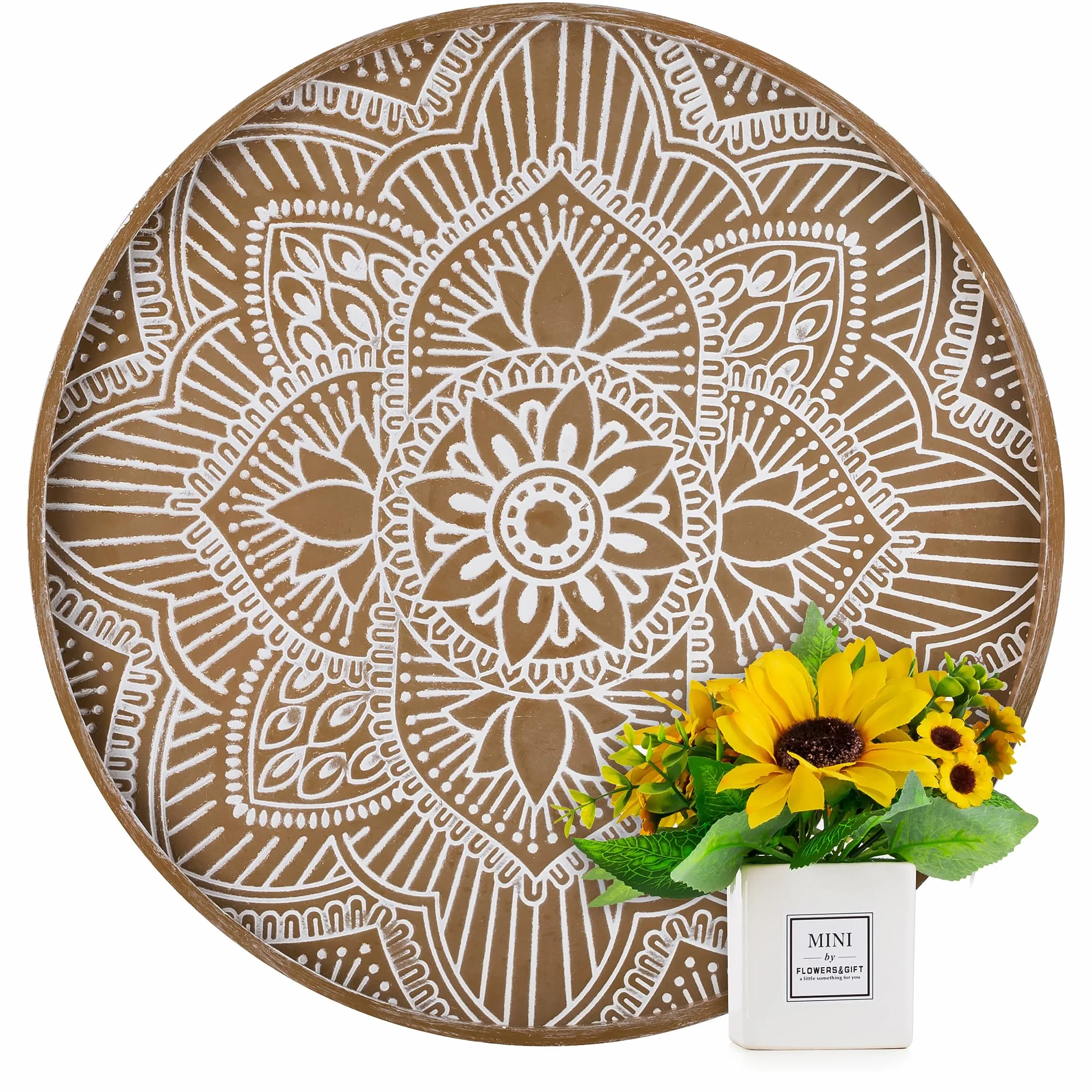 Hanobe Bandeja decorativa redonda grande de madera: Hanobe - Bandeja rústica para mesa de café, decoración de granja, centro de mesa marrón, bandeja redondeada para encimera de cocina, bandeja otomana