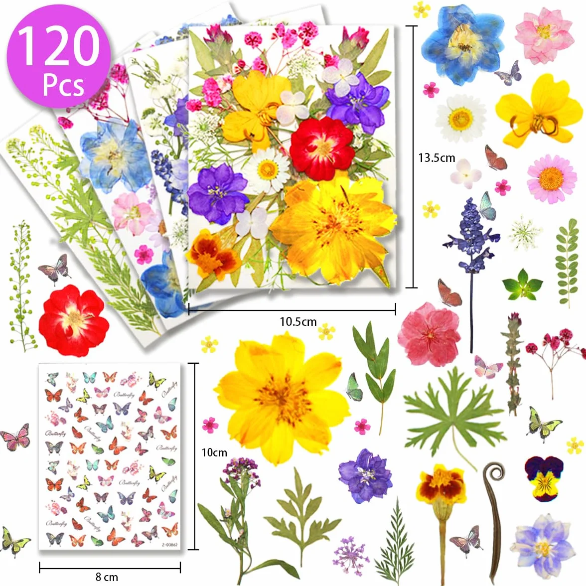 Flores Secas Naturales y Prensadas Coloridas 120 Piezas con Pegatinas de Mariposa 30 Piezas para DIY Joyería Velas Resina Scrapbooking