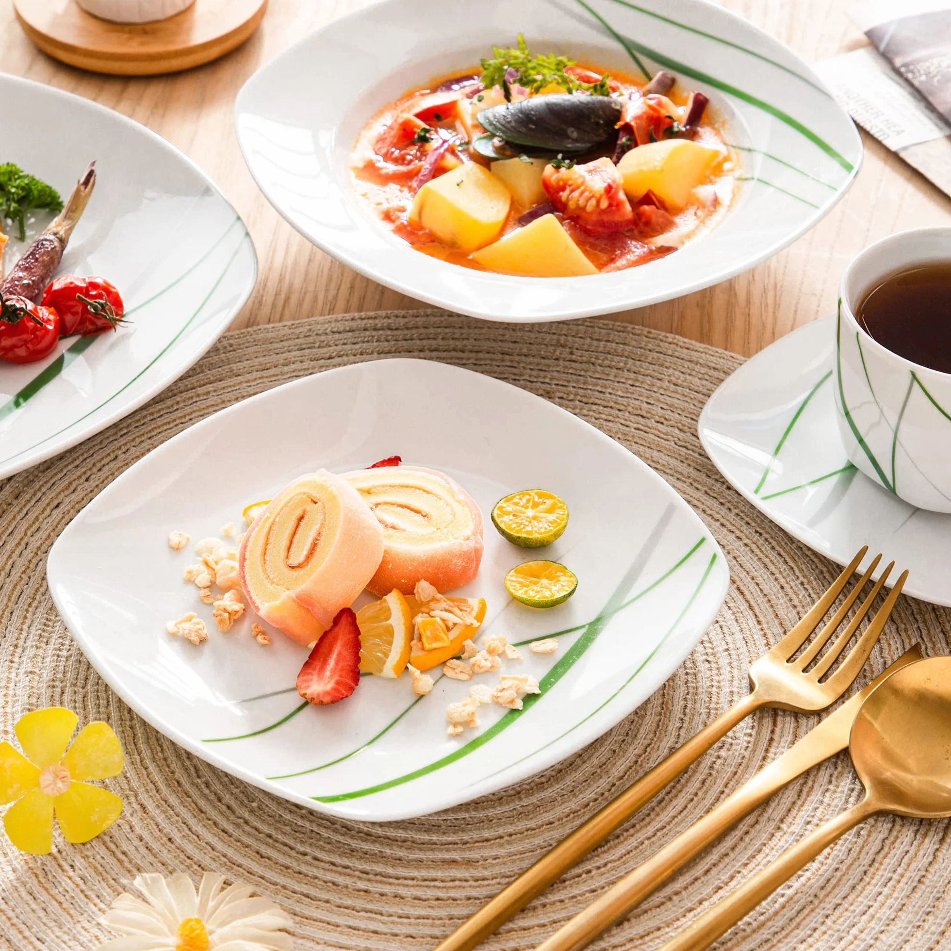 VEWEET AVIVA Juegos de Vajillas 60 Piezas de Porcelana con 12 Taza 200 ml, 12 Platillos, 12 Platos, 12 Platos de Postre y 12 Platos Hondos para 12 Personas
