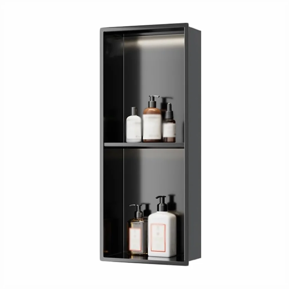 Ducha de Pared de Acero Inoxidable con luz LED, Estante de Almacenamiento de nicho de Ducha Empotrado para baño, no Requiere Azulejos (Negro, 70 x 28 x 12,5 cm)