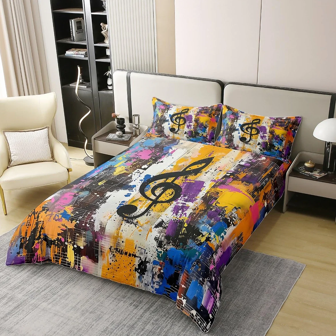 Notas musicales 100 % algodón natural edredón tamaño XL colorido arte callejero graffiti hippie ropa de cama juego de ropa de cama tema musical hip pop música colcha cubierta 3 piezas