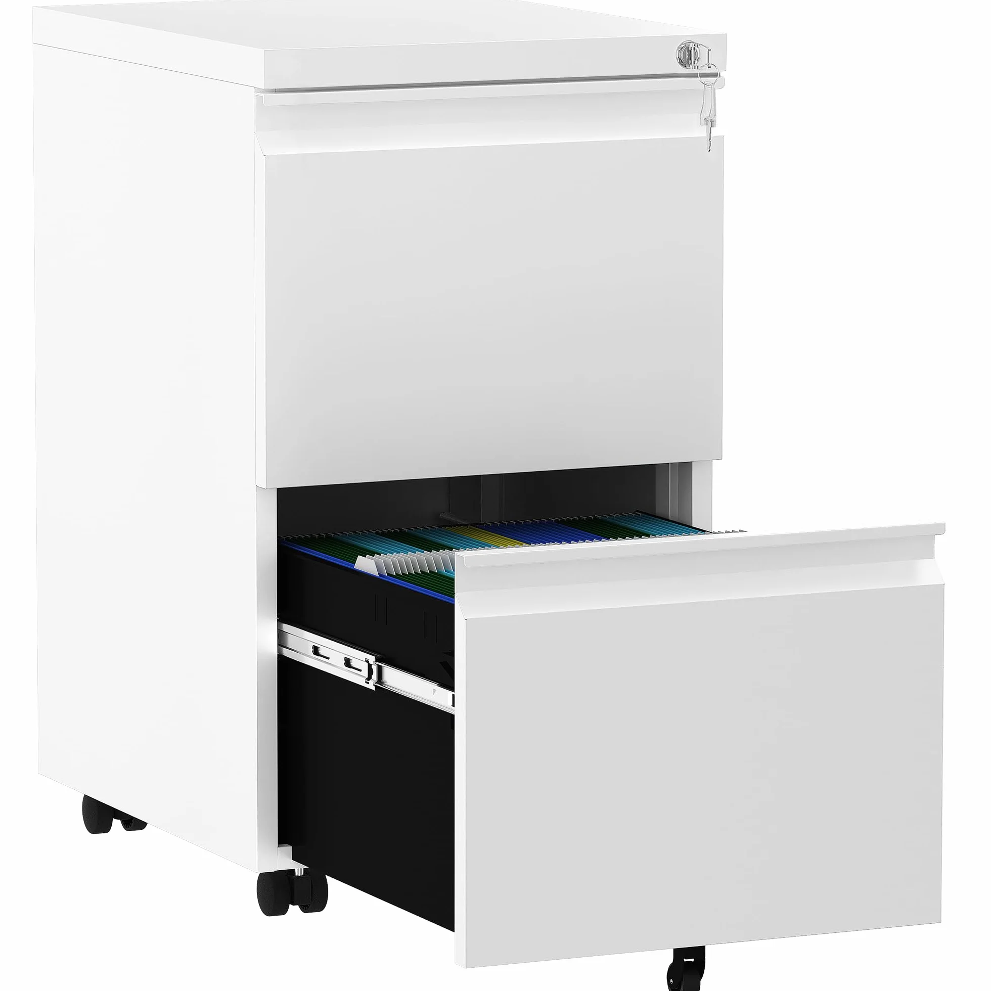 YITAHOME Archivador móvil con 2 cajones con cerradura, archivador antivuelco con rueda para oficina en casa, blanco, 51x39x71 cm