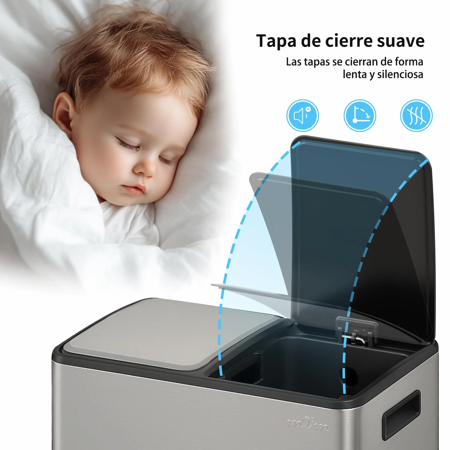 mVm Cubo de Basura Cocina, 2 Compartimentos 2 x 30L Papelera de Cocina de Acero Inoxidable con Pedales, Papelera Moderna y Robusta, Cierre Suave, para Cocina, Salón, Gris