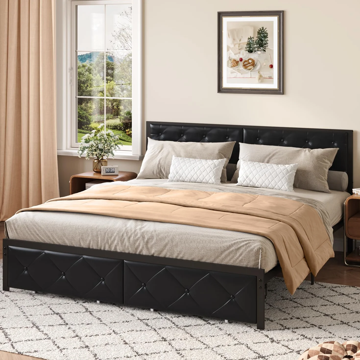 Marco de Cama Matrimonio de 180 x 200 cm con Base de Carga y Cabezal Acolchado, Estructura de Cama de Metal con Cesta, Ruedas de Metal, Capacidad de Peso de 300 kg, fácil de Montar