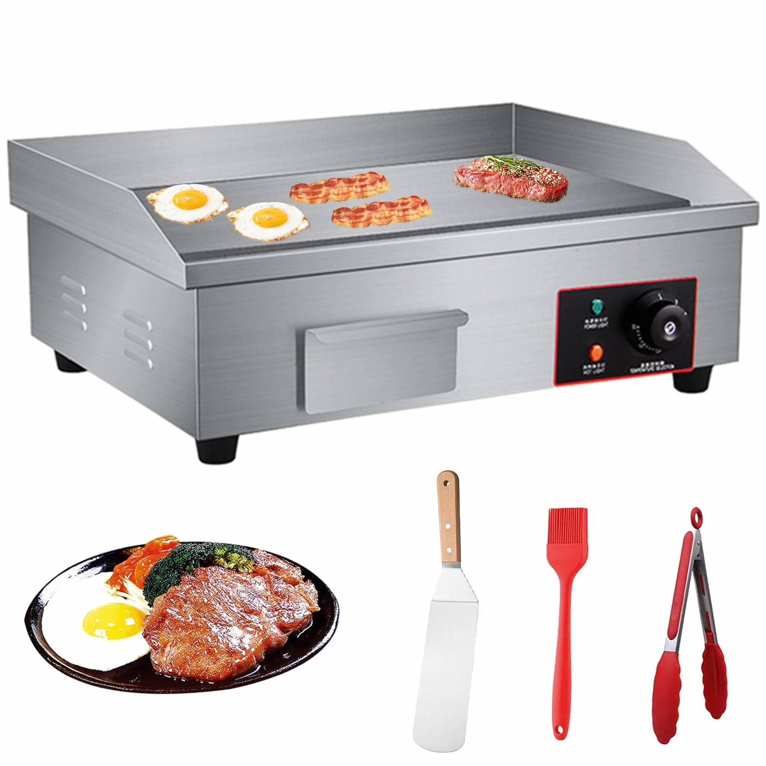 Plancha Cocina Eléctrica 2500W, Profesional De Acero Inoxidable 55X40x23cm, Parrilla Barbacoa Lisa De Asar, Temperatura 50-300°C, Bandeja Recoge Grasa, Protector contra Salpicaduras