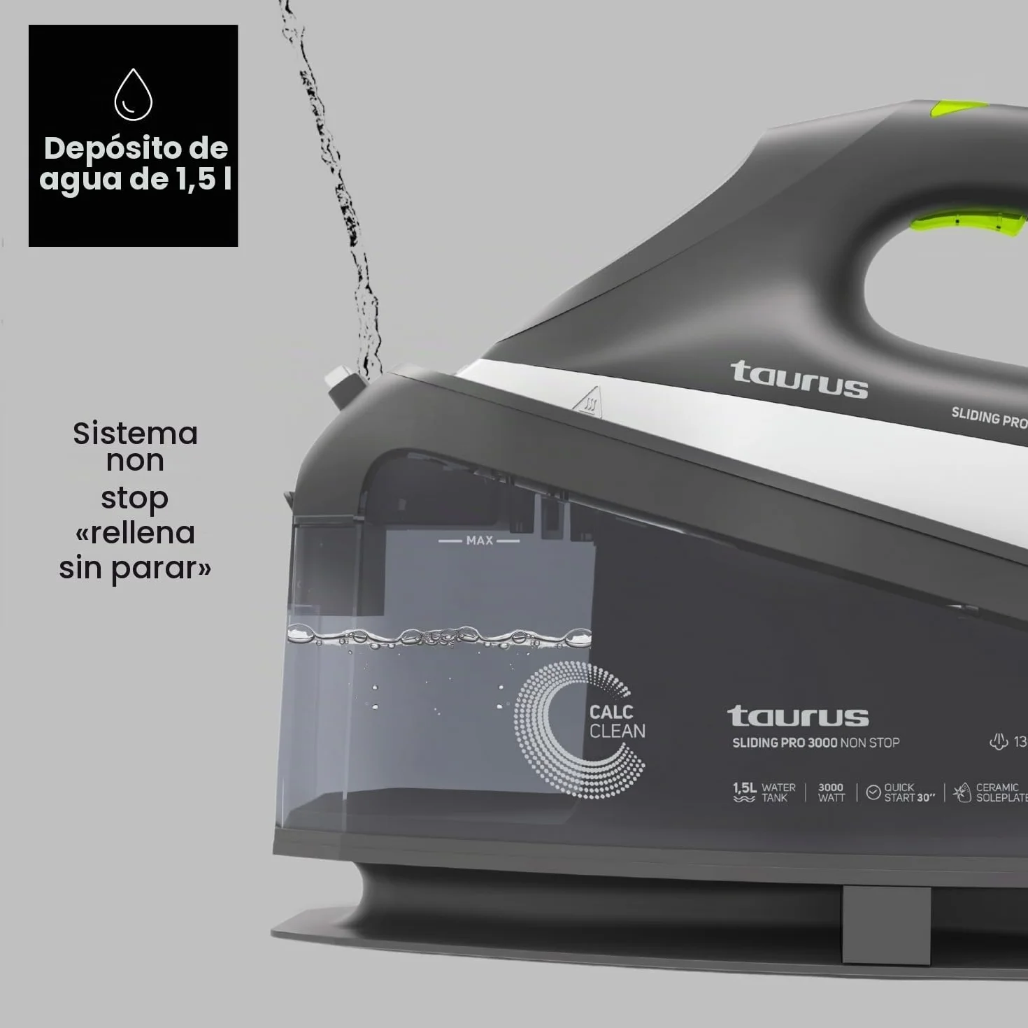 Taurus - Centro Planchado Sliding Pro 3000 Non Stop | 3000W | Vapor 130 g/min | Golpe 400 g/min | Plancha Vertical | Suela Cerámica | ECO y MAX | Depósito 1.5L | Autolimpieza | Bloqueo | Negro
