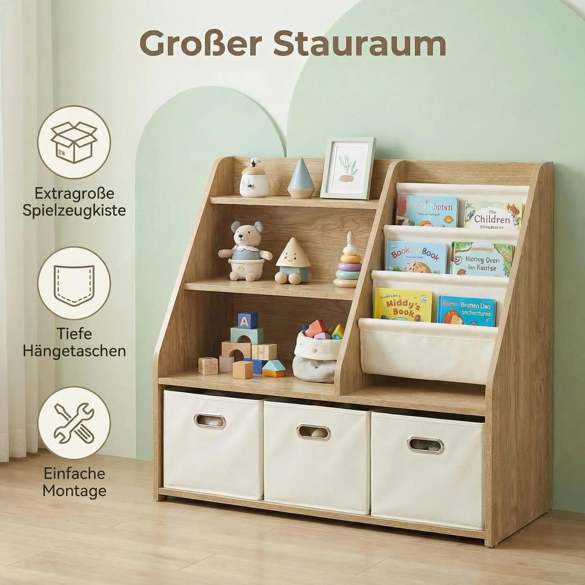 Estantería para niños con Almacenamiento – Montessori – Estantería de Madera para Juguetes de 4 Niveles con 3 cajones y 4 Cajas de Tela | Organizador para habitación Infantil y Sala de Juegos