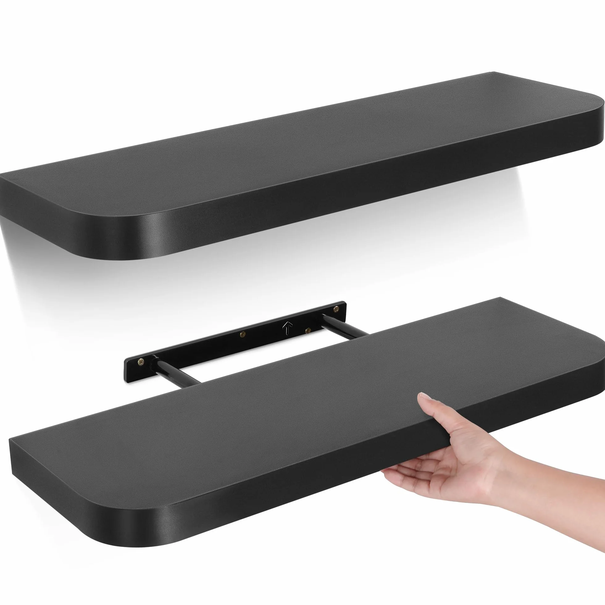 Gronda Estantería de Pared Larga Negra, Baldas de Madera con Borde Curvo | 60cm Baldas de Madera Juego de 2, Repisas de Pared, Almacenaje, Decoración, Balda Flotante para Fotos, para Salón