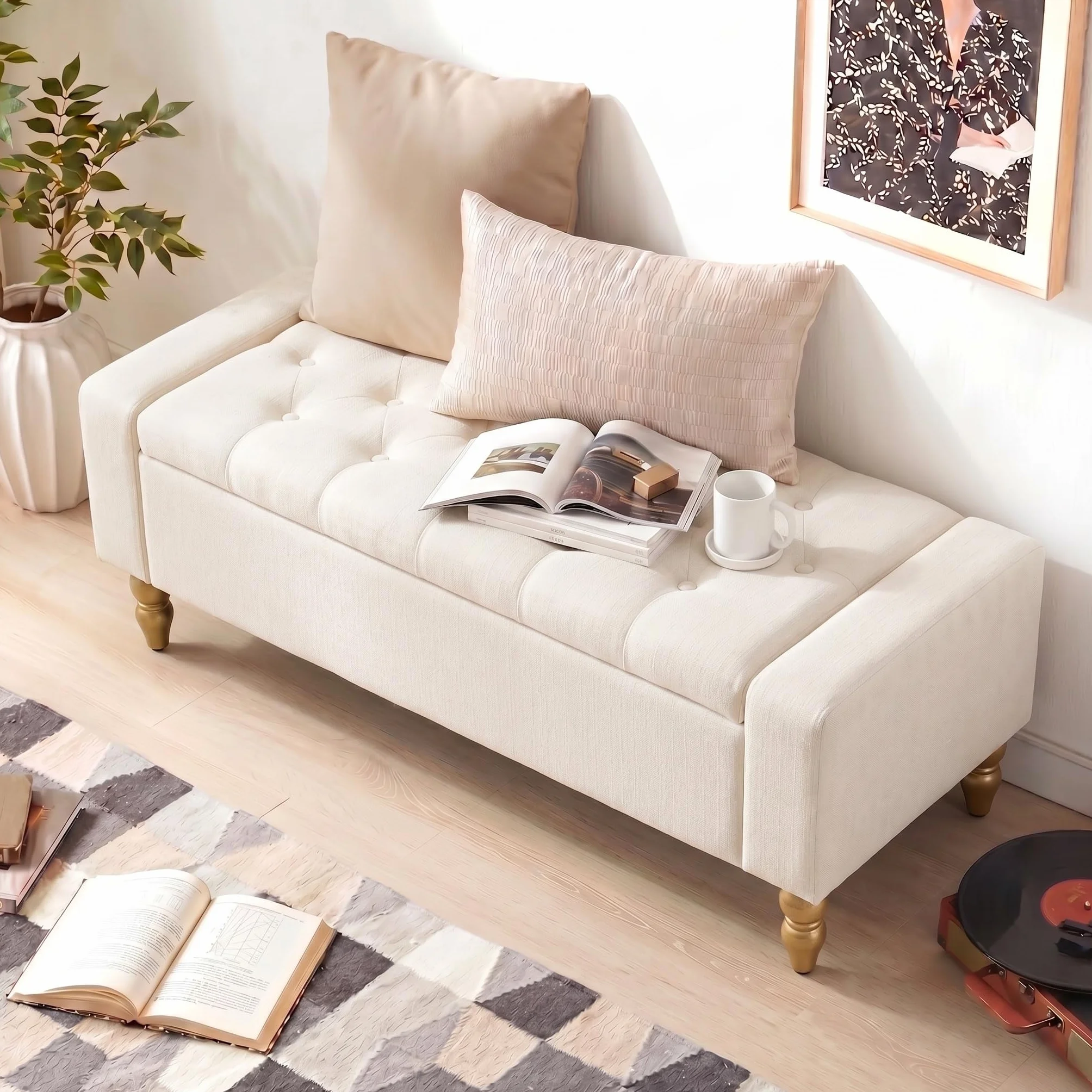 Banco de Almacenamiento con Asiento Acolchado – Banco Caja Multiusos para Entrada, Salón o Dormitorio | Pouf con Caja de Gran Capacidad, Tapizado Resistente y Fácil Montaje | Diseño Moderno Beige