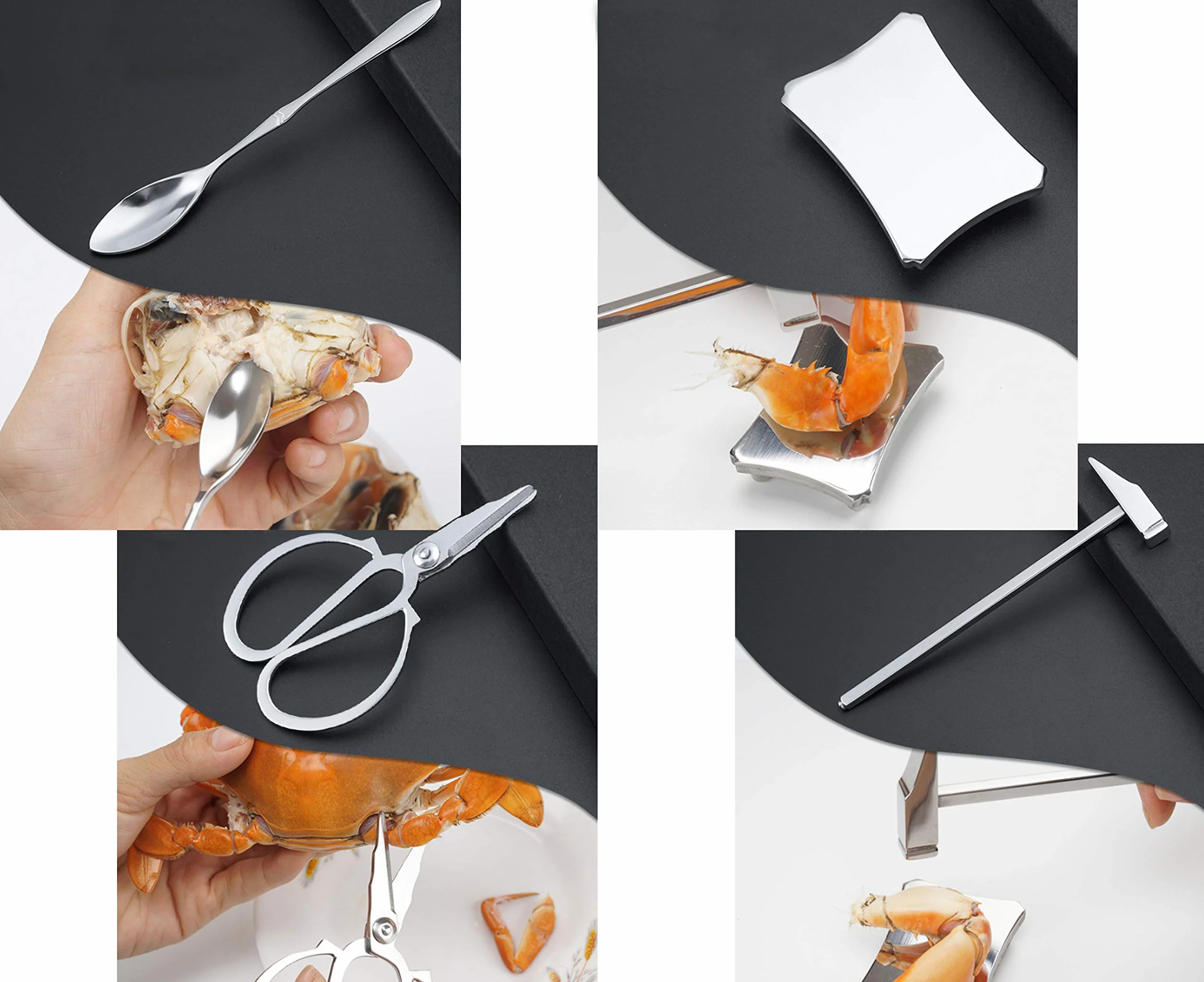 Juego de Herramientas para Marisco Utensilios para Mariscos 8 Piezas (1 Tijera+1 Tenedor de Mariscos+1 Cuchillo+1 Pinzas+1 Martillo+1 Cuchara+1 Palanca de Mariscos+ 1 Mesa Pequeña) (1)