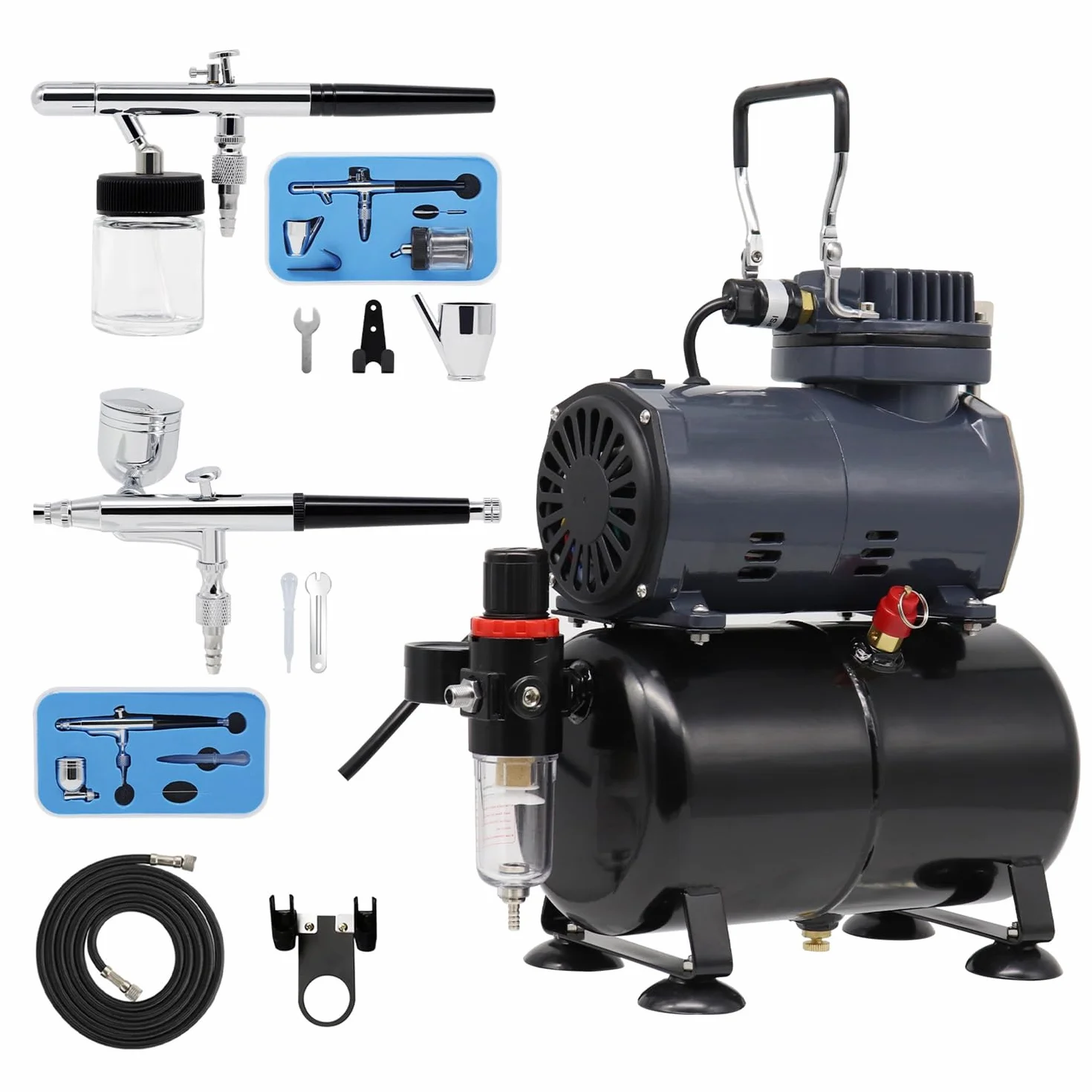 Kit de aerógrafo AS186 AS 186 con compresor con tanque con 2 aerógrafos de doble acción y manguera