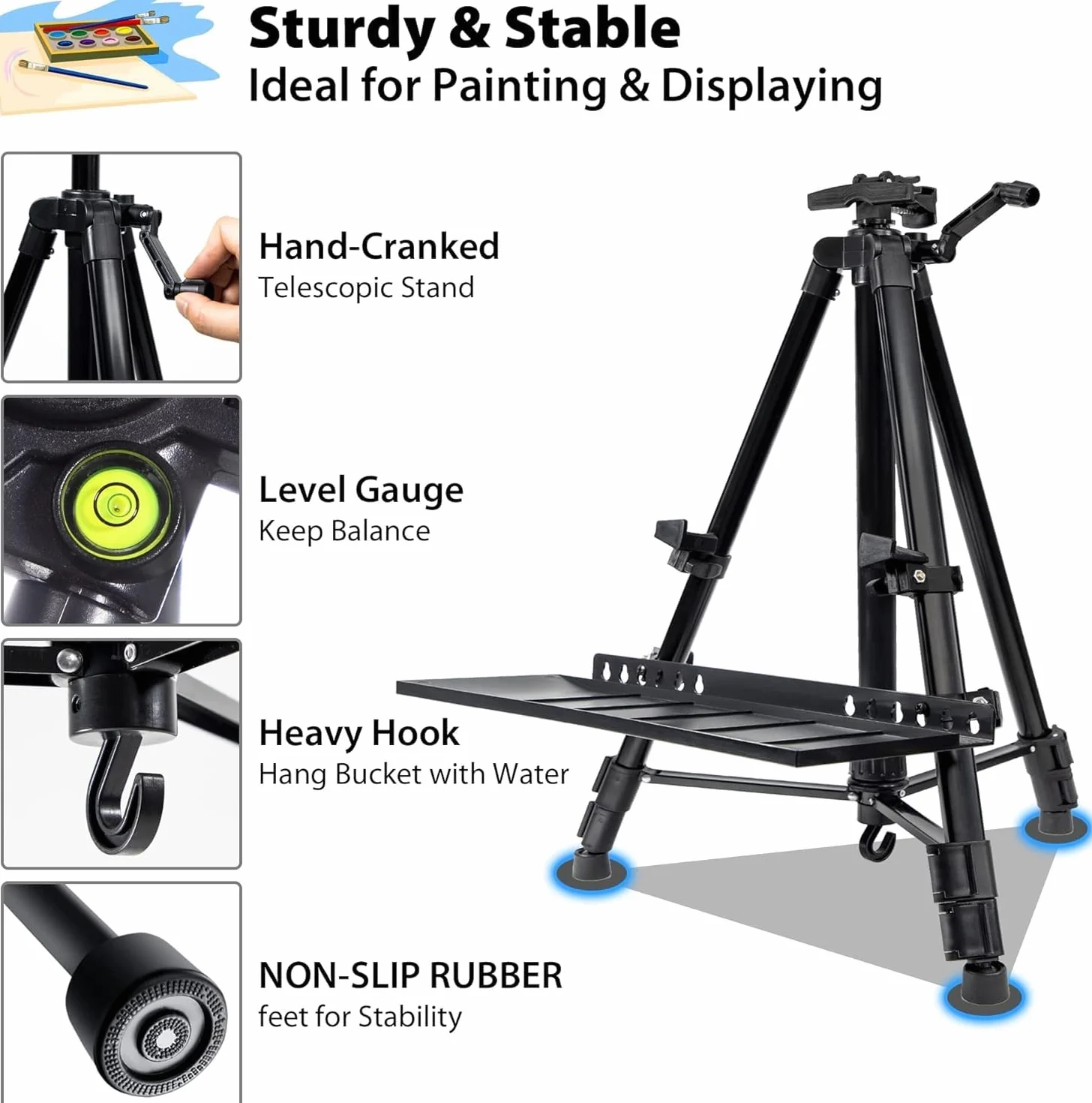 Caballete para pintar, ajustable 50-152 cm, caballete trípode plegable para pintar con bolsa/barril, sobremesa y suelo, Cavalete para Pintar, Boda, Presentaciones,Negro