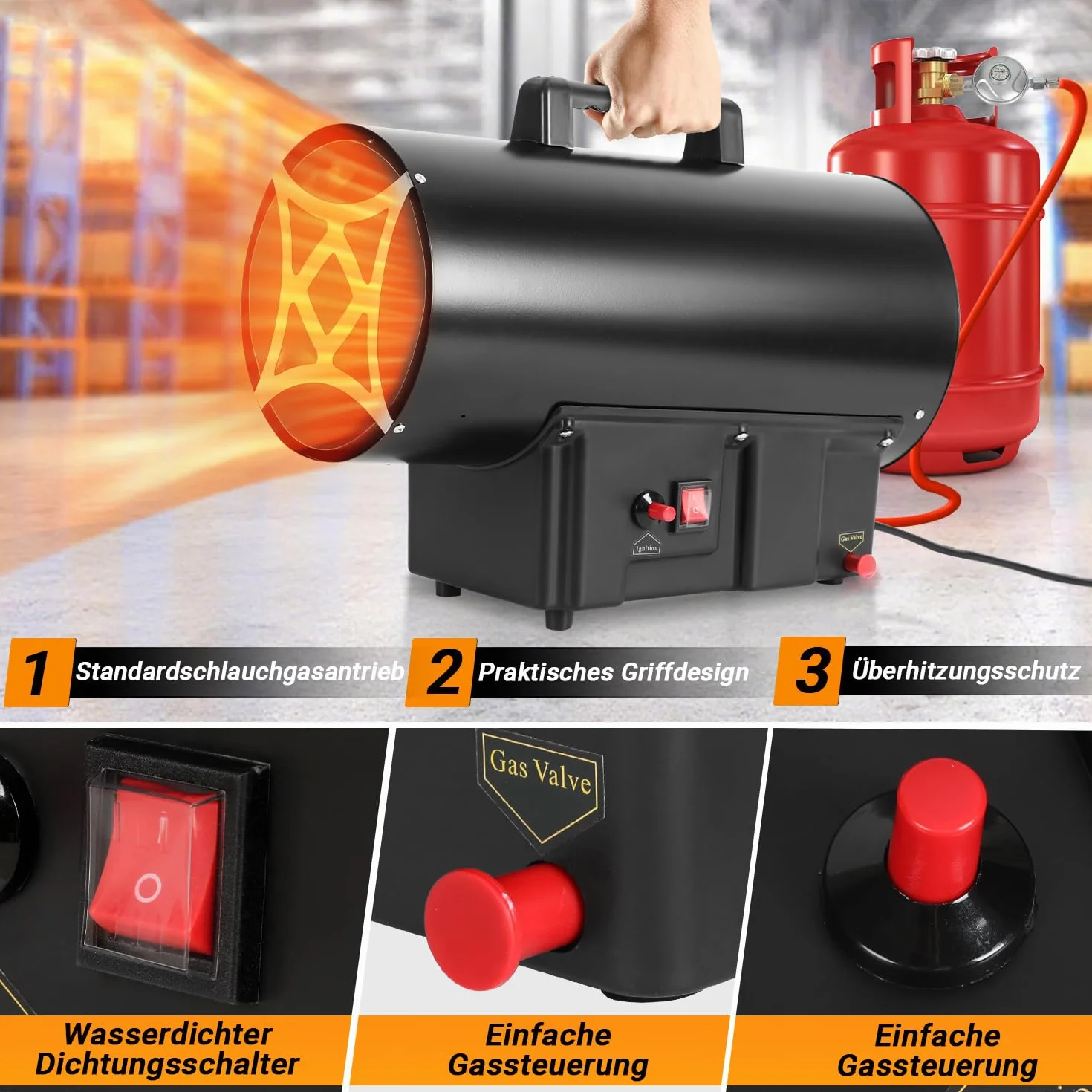 Calefactor de gas de 30 kW con manguera de conexión y regulador de presión de gas de 700 mbar, superficie efectiva: 450 m², para obras, almacenes ventilados, garajes, etc