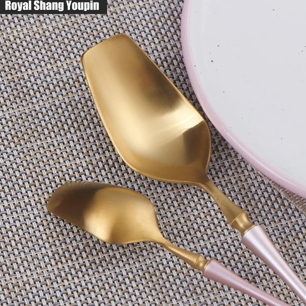 Exquisito Pequeño Cintura Bárbara Oro Rosa Cocina Cubiertos De Acero Inoxidable Vajilla Cubiertos Hogar Restaurantes Banquetes Filete Cuchillo Y Tenedor Cuchara De Ensalada (16 piezas)