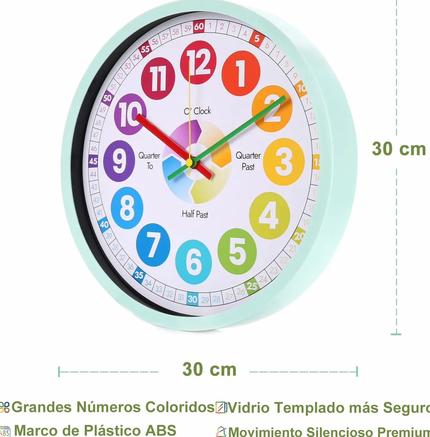 30cm Reloj de Pared Educativo para enseñar el Tiempo para niños, Silencioso, Funciona con Pilas, Aprender a Contar, Reloj de Pared de Cristal Vidrio Decorativo Colorido