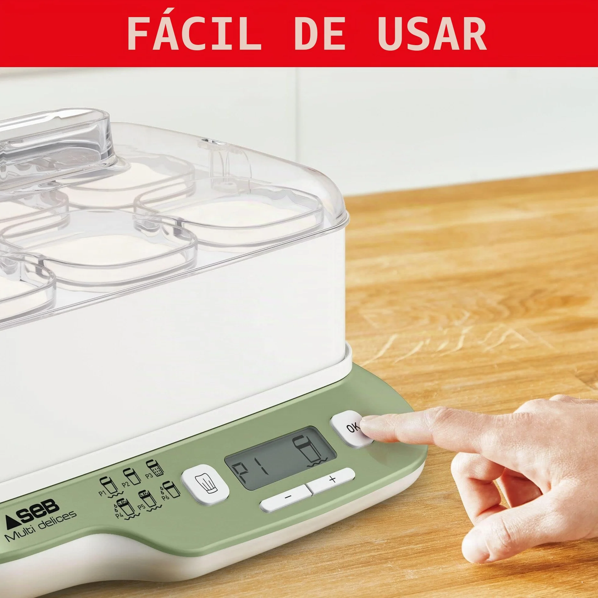 Seb Multi Delices Express Vegetal Yogurtera 6 tarros de vidrio 140 ml, libre de BPA, 6 programas, programa expreso, fabricado en Francia YG660A11