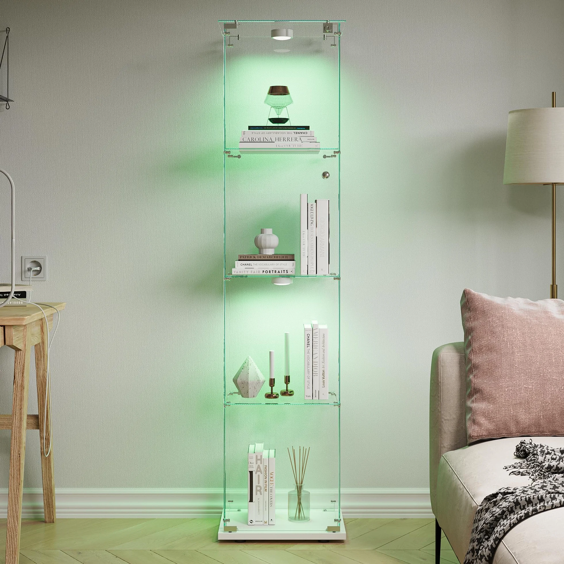 Vitrina de Cristal de 163 x 40 x 35 cm con 4 estantes 1 Puertas, Vitrina de pie con LED, Armario de colección Moderno para salón, Dormitorio, Oficina, Blanco y Puerta Individual + Luces de Pat