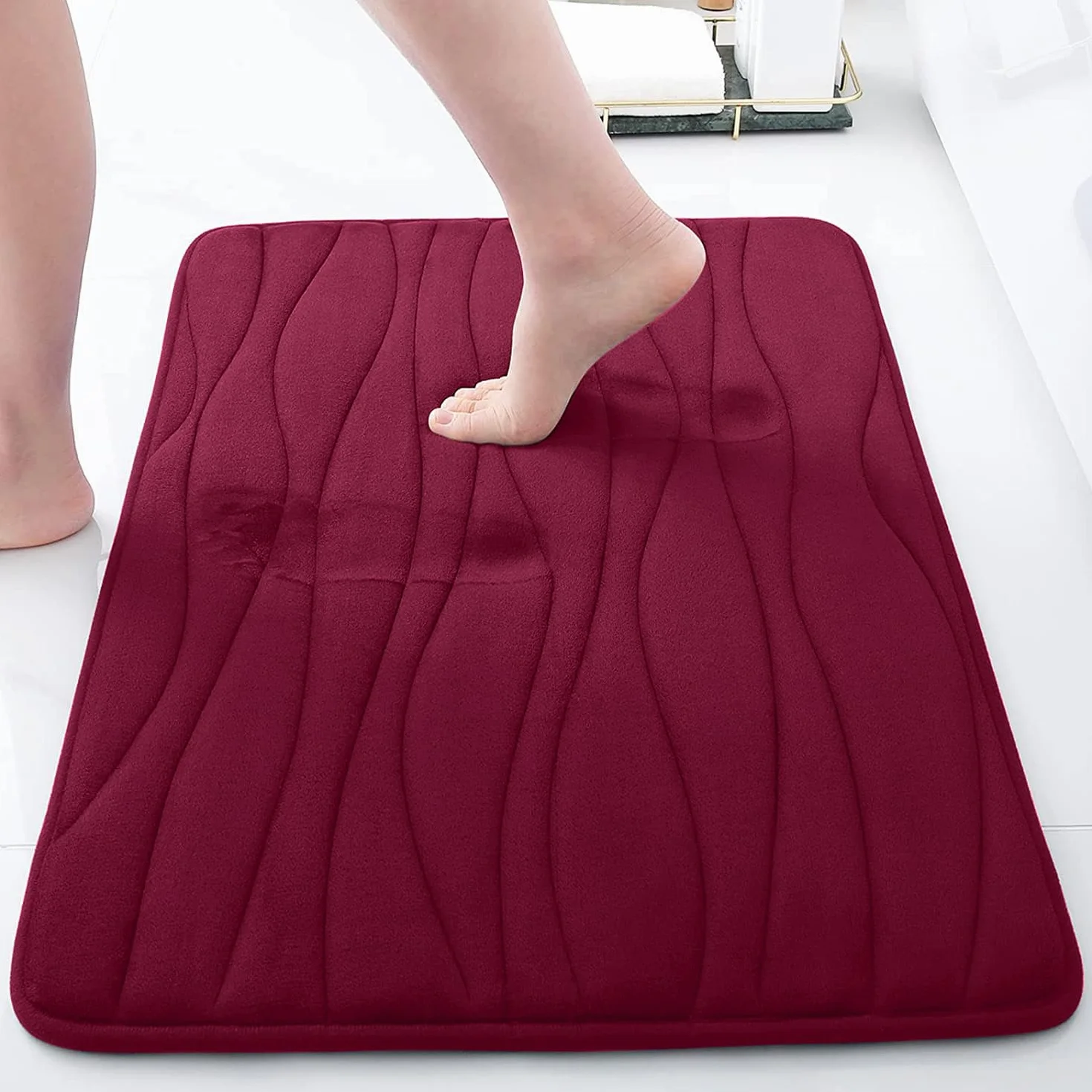Homaxy Alfombra de baño de espuma viscoelástica, antideslizante, color rojo vino, 60 x 120 cm | Microfibra de terciopelo de coral, suave y cómodo, parte trasera antideslizante, ultra absorbente, fácil de limpiar, lavable