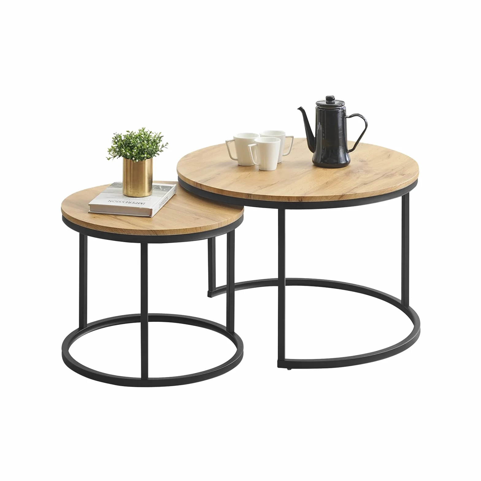 Mesa Auxiliar Sofa con Marco Negro, Juego de 2 Piezas para la Mesa de Centro Redonda, Coffee Table con Efecto de Grano de Madera, Mesa Centro Madera Modernas