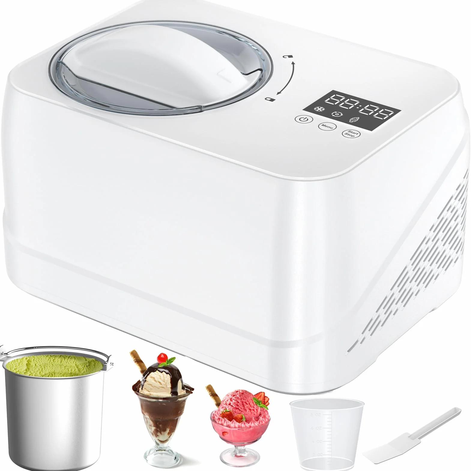Heladera con Compresor, Maquina de Hacer Helados Doméstico Sin Precongelación 1L, Heladera Eléctrica con Cubo de Aluminio Extraíble/Receta/Espátula/Medidor, Blanco