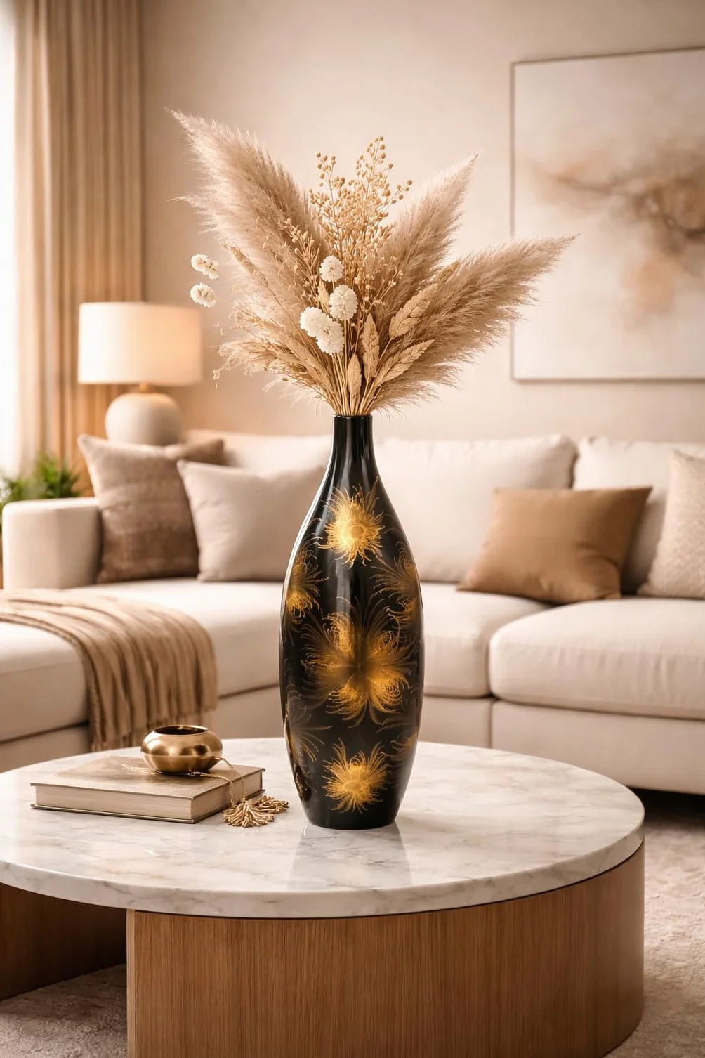 Elegante jarrón de cerámica negro con diseño de fuegos artificiales dorados, 51 cm, cuello estrecho, jarrón decorativo para sala de estar moderna decoración del hogar
