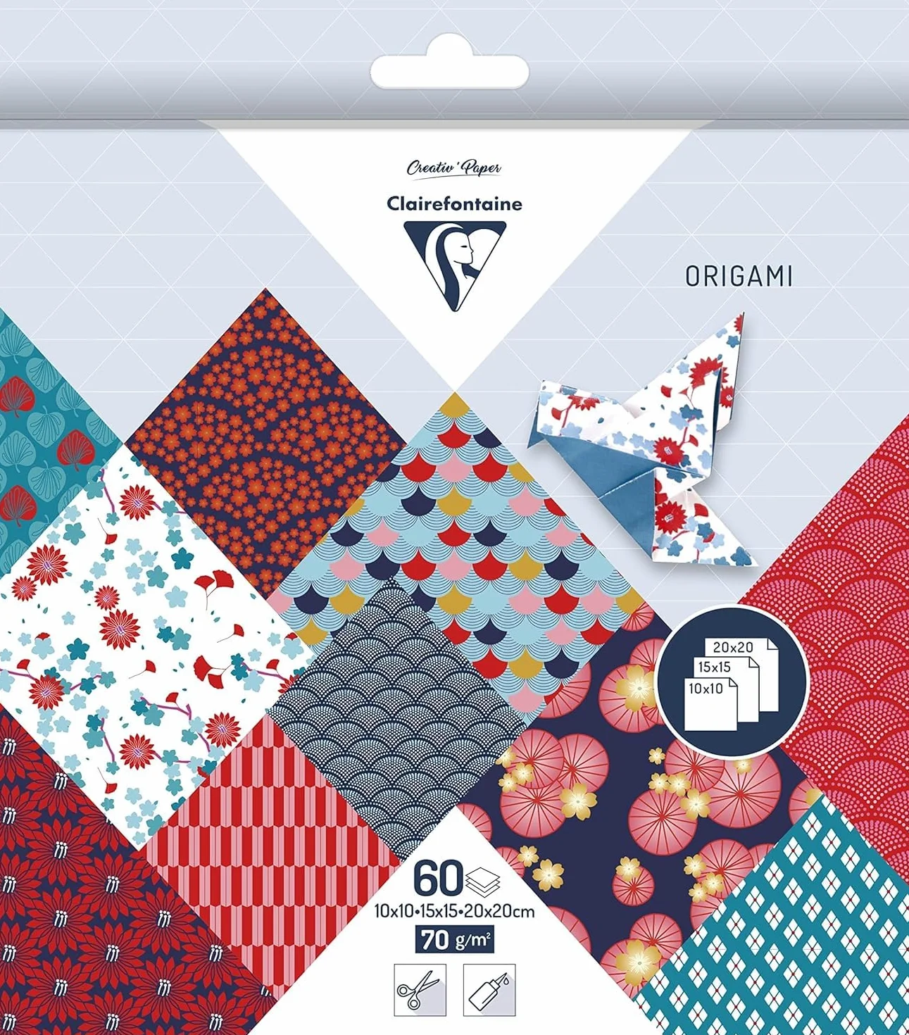 Clairefontaine Hanayo 95347C Papel Origami Pack 60 Hojas 3 Formatos 10x10 15x15 20x20 cm 70g