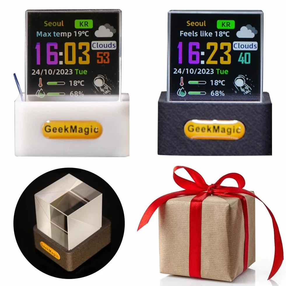 GeekMagic - Mini cubo holográfico 3D, pantalla de fotos 3D de cristal holográfico WiFi, estación meteorológica inteligente y reloj digital con animaciones GIF, marco de fotos electrónico, regalo