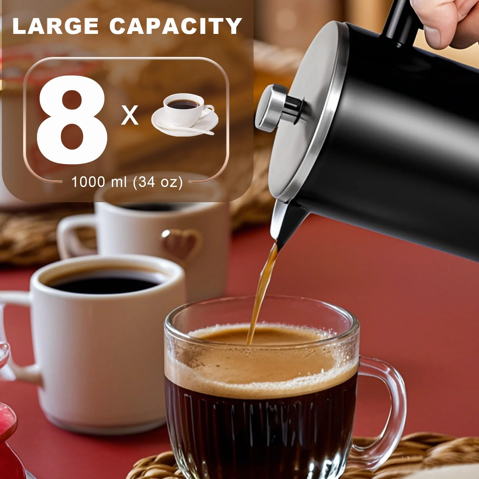 SZHETEFU French Press - Cafetera de prensa francesa grande aislada de acero inoxidable de alta calidad, capacidad de 4 a 6 tazas, cafetera de émbolo de prensa francesa, color negro