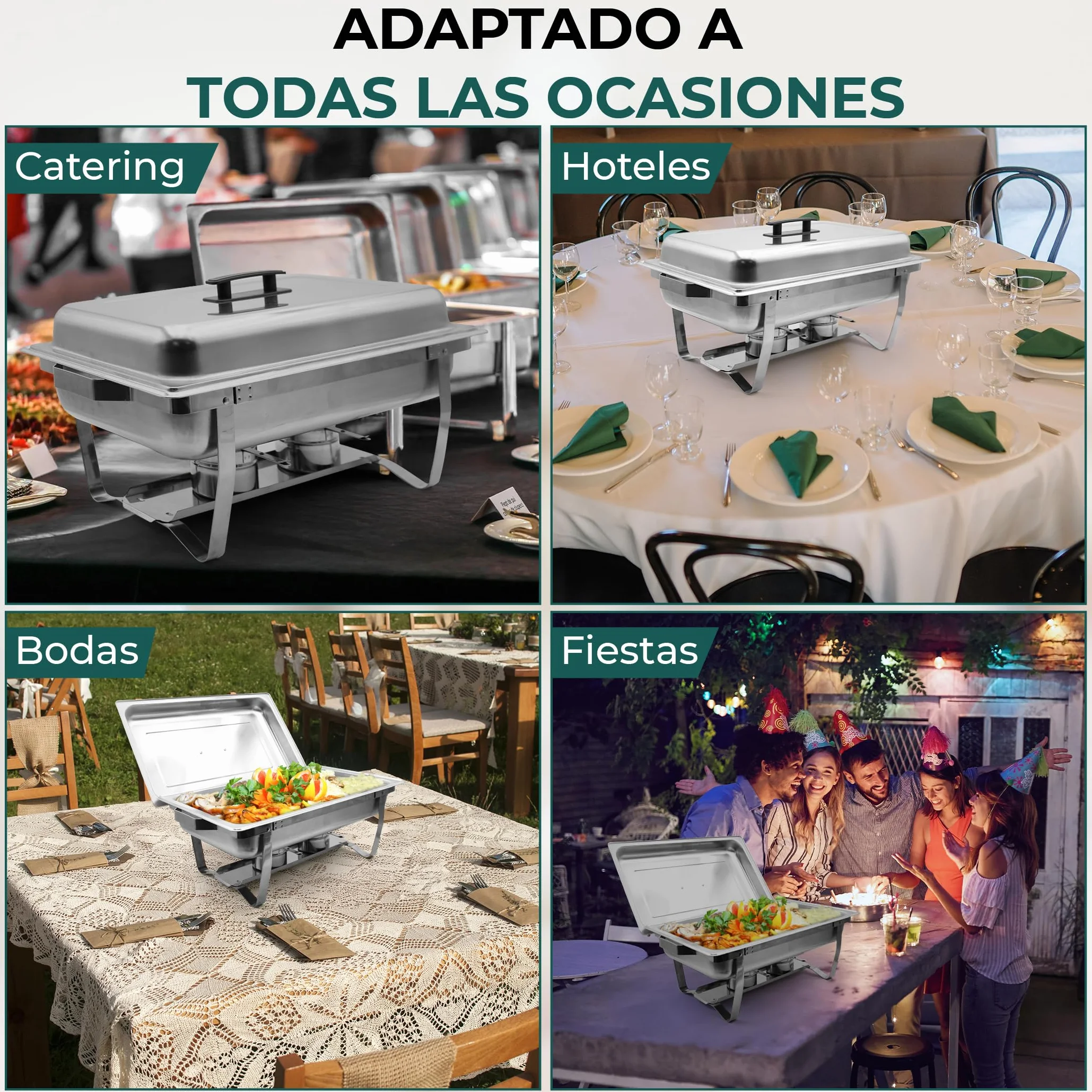 Pack de 4 Calentadores de Platos LEUTHERIA - Chafing Dish Profesional/Acero Inoxidable alimentario para Buffet/baño maría Profesional/Mantenimiento en Caliente/Catering/Hotel/Restaurante