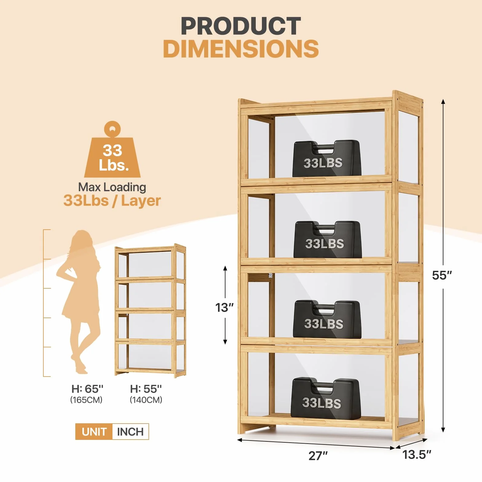 Magshion Vitrina de acrílico de 4 niveles con puerta, estante transparente de pie, estantería de exhibición de 27.5 pulgadas de largo x 13.5 pulgadas de ancho x 55 pulgadas de alto, color natural