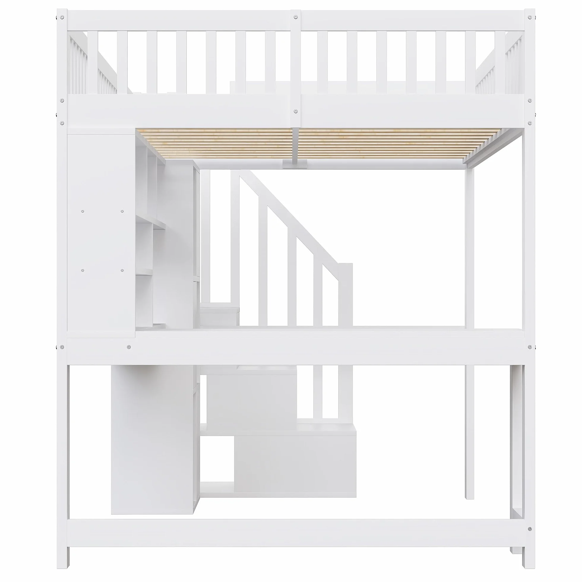 Moimhear Cama alta, 140 x 200 cm, con luces LED, escalera, estanterías, estantes, escritorio, madera de pino+MDF + Plywood, adecuado para niños y jóvenes (blanco)