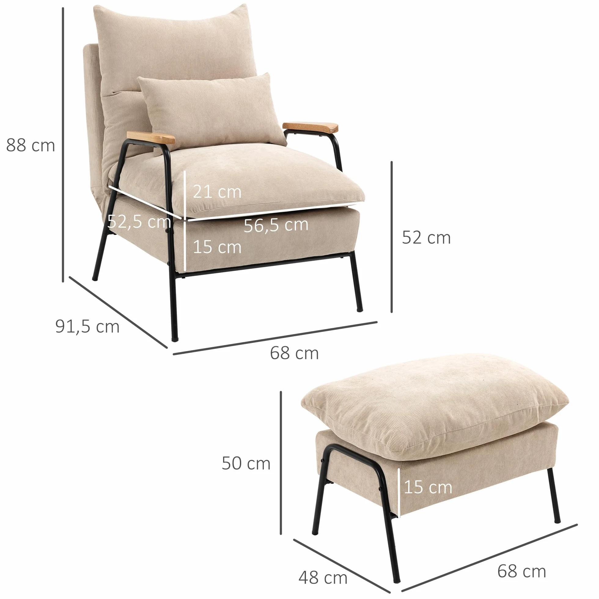 HOMCOM Sillón de Relax con Reposapiés Sillón Reclinable con Respaldo Ajustable Tapizado en Pana Marco de Acero y Cojines para Salón Dormitorio 68x91,5x88 cm Beige