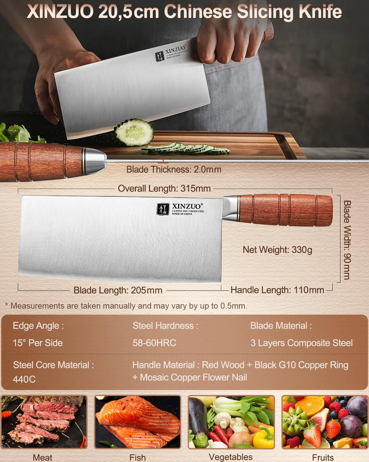 XINZUO 20,5cm Cuchillo de Cocina Chino Acero Compuesto de 3 Capas -Profesional Multifuncionales Afilado Cuchillo de Chef Acero Inoxidable -Mango Ergonómico de Red Wood -Para Carne, Pescado, Verduras