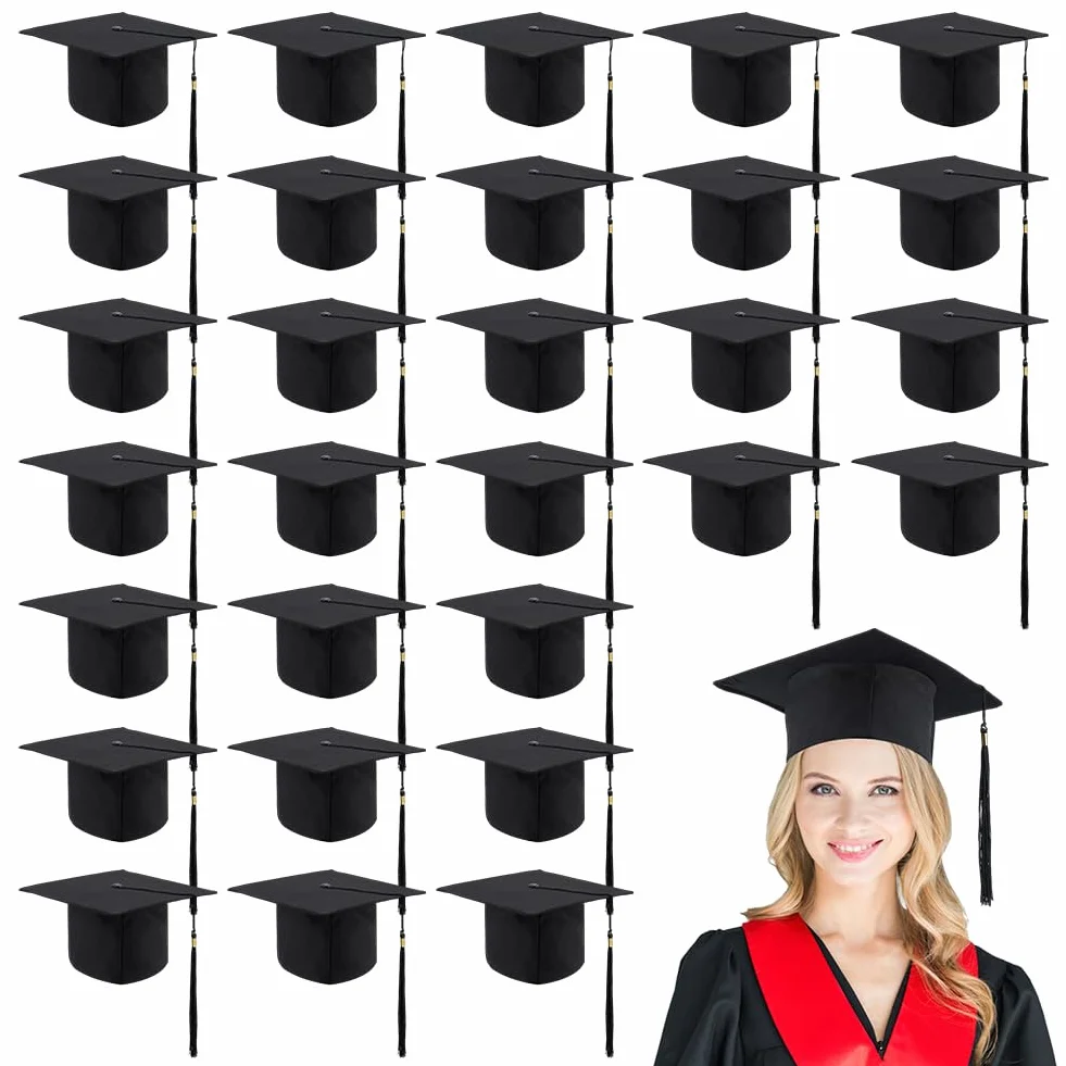 ORIGACH 30 gorras de graduación a granel negras ajustables para adultos con borla, para hombres, mujeres, estudiantes, para ceremonia escolar, accesorio de disfraces, accesorios para fotos
