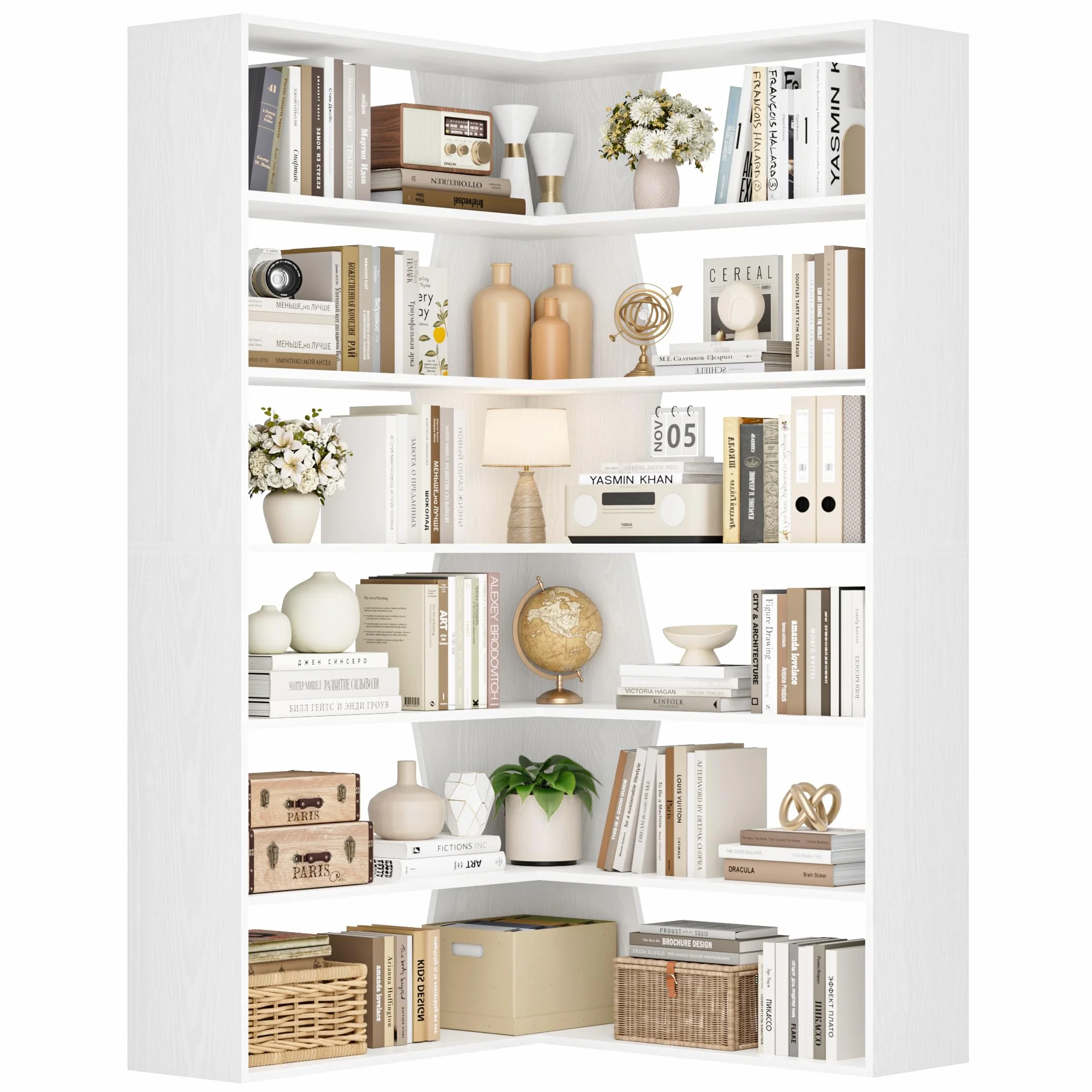 FirFurd 190.5cm Estantería Esquina 6 Niveles, Estantería Libros, Librería Salón, Estanterías Almacenaje Madera, Libreria Estanteria, con 12 Compartimentos, para Salón, Oficina, Estudio (Blanco)