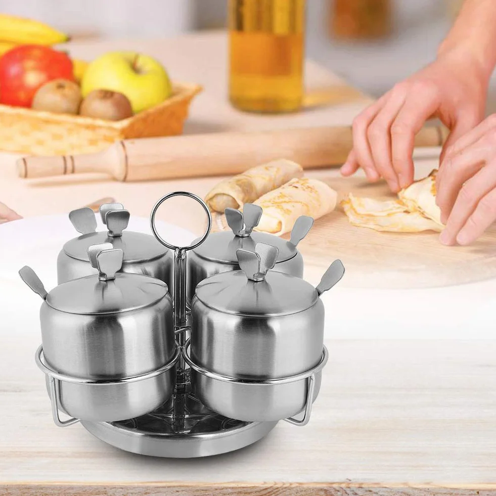 Juego de recipientes de acero inoxidable para sal y azúcar, bodega de sal con tapa con cuchara giratoria, dispensador de especias, ideal para organización de cocina y café