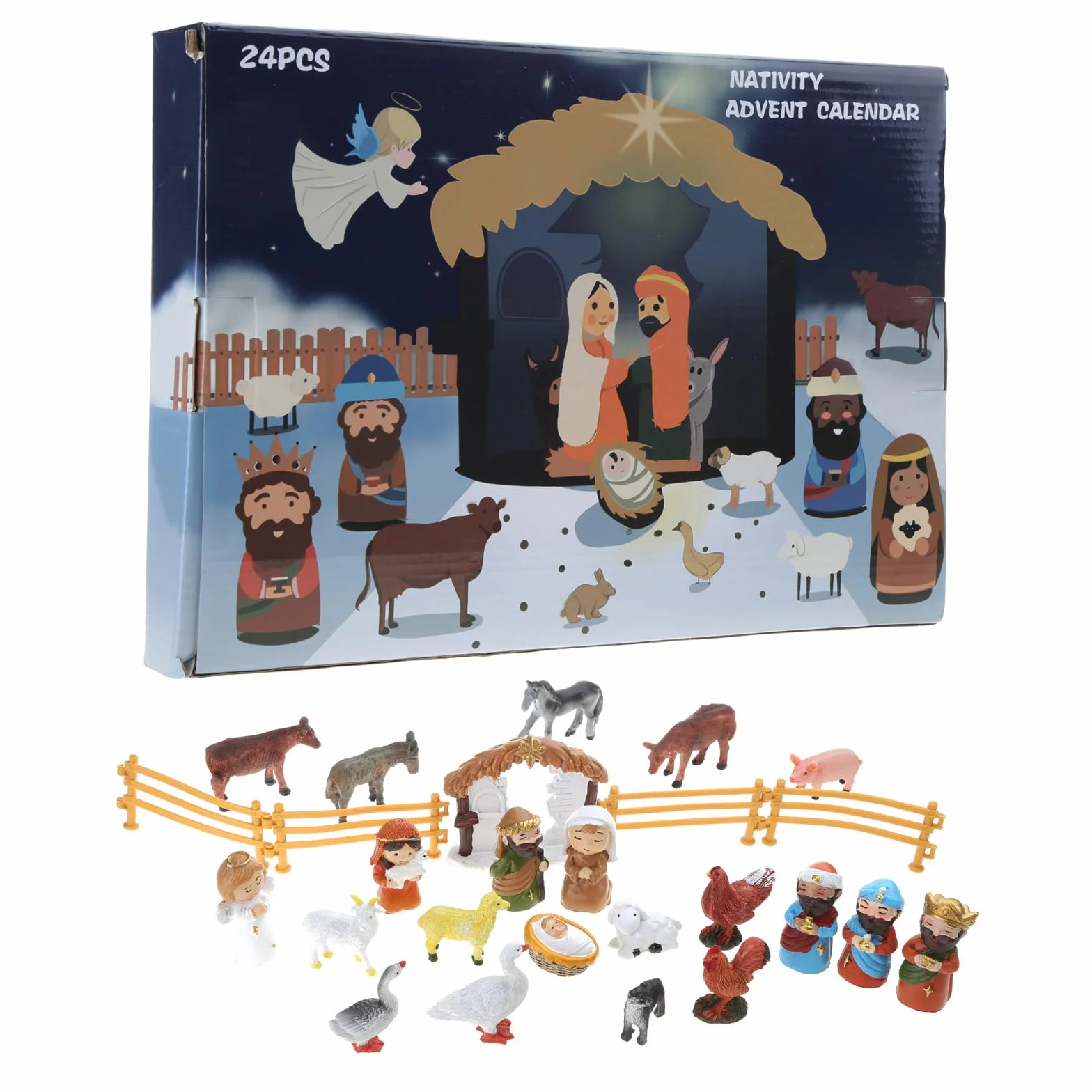 Juego de 24 figuras de belén de la Sagrada Familia, Magos, Pastor, Oveja, animales, vallas de resina, calendario interactivo de cuenta regresiva de Navidad para niños y jóvenes