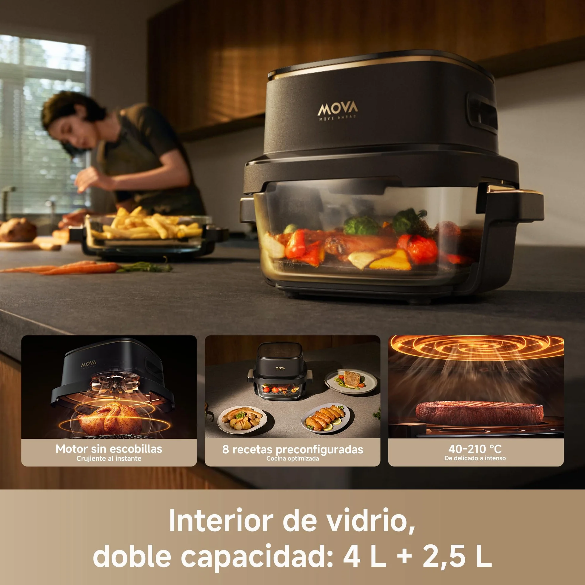 MOVA Aeroglass AF20 Pro Freidora De Aire Sin Aceite interior vidrio transparente, doble capacidad 4L+2,5L, recipiente vidrio, motor sin escobillas, 8 recetas inteligentes, control 40℃-185℃.