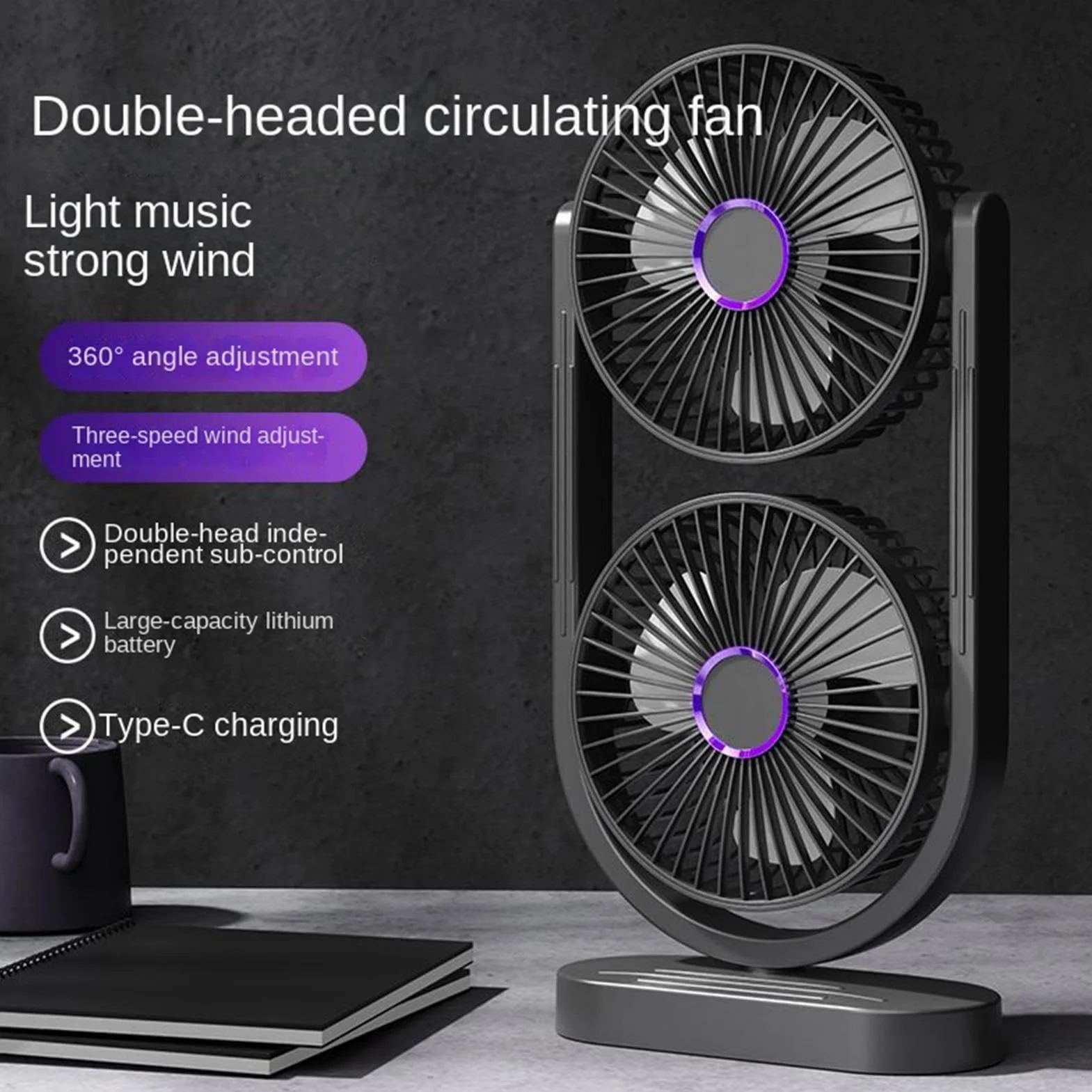 Ventilador de Mesa Silencioso Doble cabezal recargable refrescante y | ventilador de sobremesa para verano y refrigeración de escritorio para apartamento dormitorio salón cocina oficina