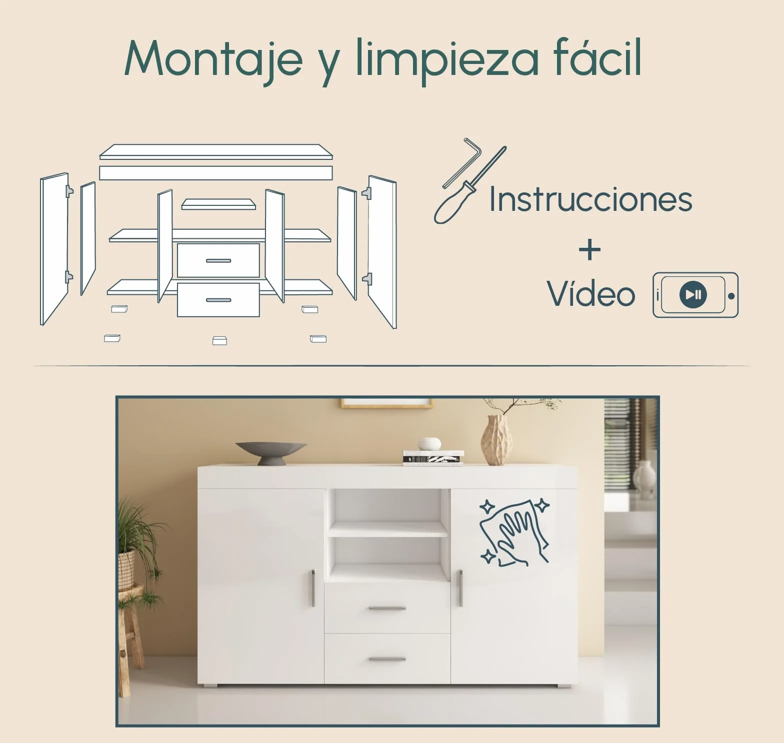 MB Muebles Bonitos Aparador Roque Mueble Auxiliar Moderno 140x82x40 cm Melamina Brillo Blanco