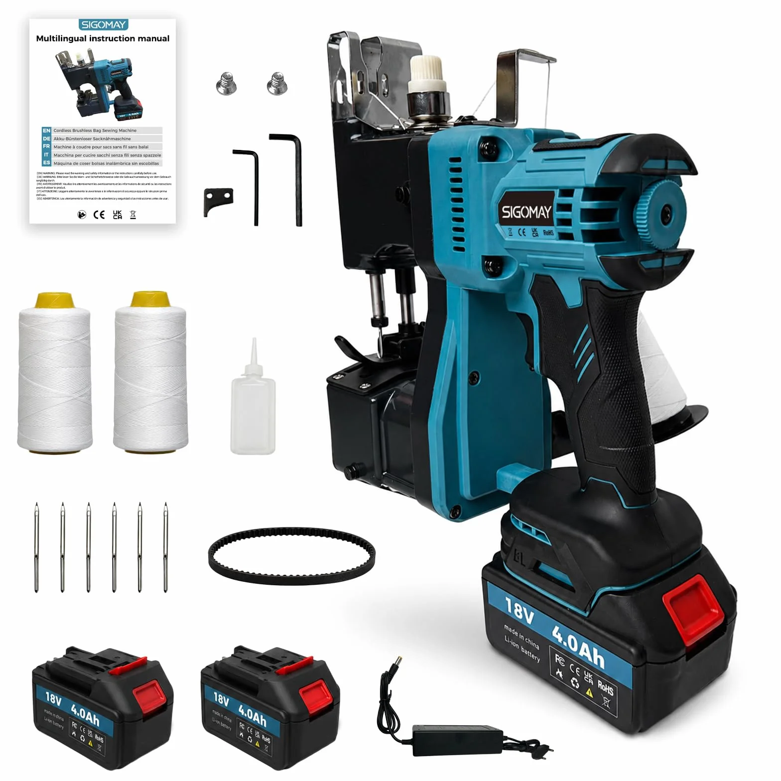 Cosedora de Sacos a Batería Brushless, Máquina de Coser Sacos Portátil 18V Compatible con Batería Makita 18V, Selladora Eléctrica para Sacos Tejidos Sacos de Arena, Incluye 2x4.0Ah Baterías