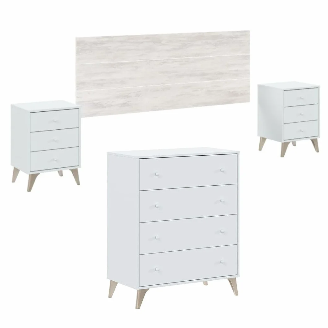 Mobelcenter, Conjunto Dormitorio Matrimonio Sweet, Color Blanco Artik y Blanco Velho, Cabezal para Camas de 135 y 150 cm, 2 Mesitas de 3 cajones y Cómoda de 4 cajones (P0029)