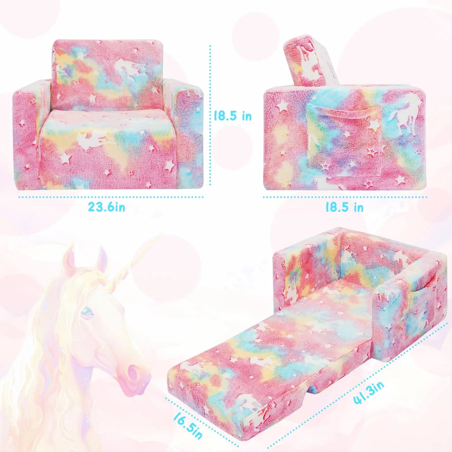 SLIGUY Sofá Plegable Niños Convertible Tumbona Brillante Oscuridad Unicornio Rosa